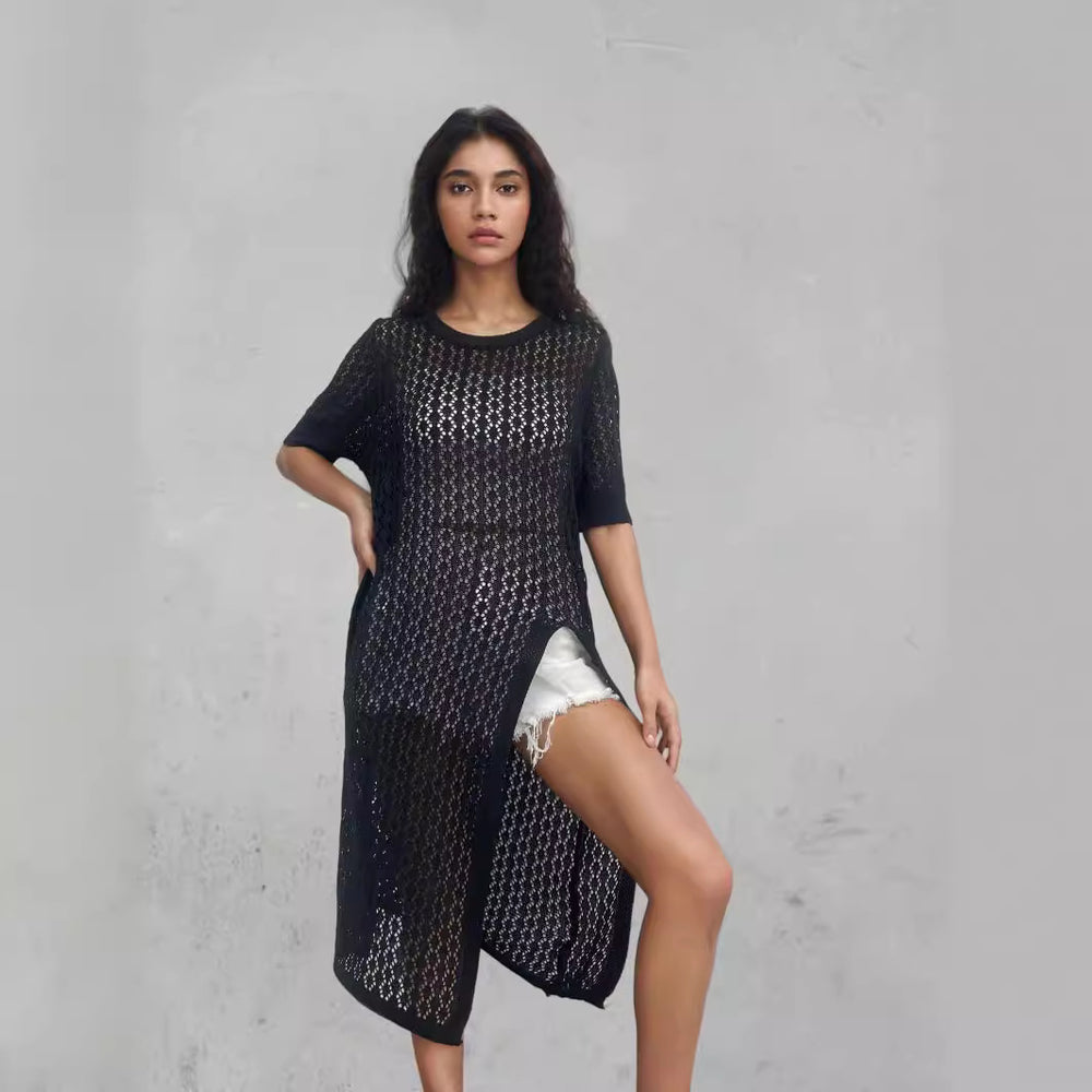 Damen Langer Strick-Kimono mit offenem Design und atmungsaktiver Maschenstruktur EB