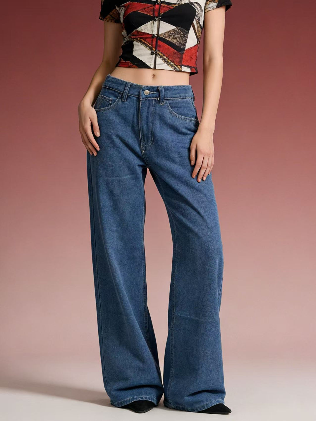 Damen weite Denim-Hose mit Vintage-Waschung und hoch geschnittenem Bund EB