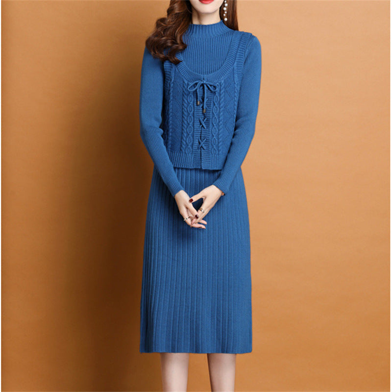 Damen elegantes Strickkleid mit hochgeschlossenem Kragen und dekorativem Zopfdesign EB