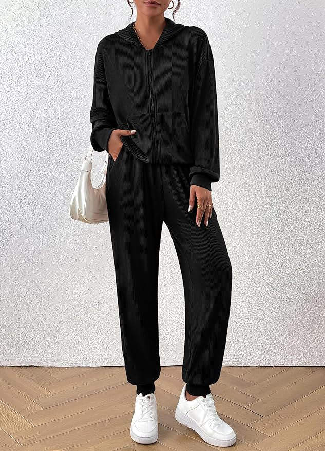 Damen Lässiges Set aus strukturiertem Hoodie und Jogginghose EB