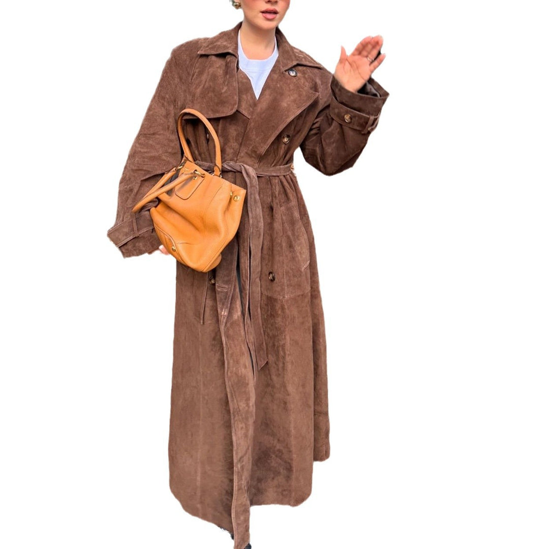Damen Suede Trenchcoat mit Gürtel und eleganten Knopfdetails EB
