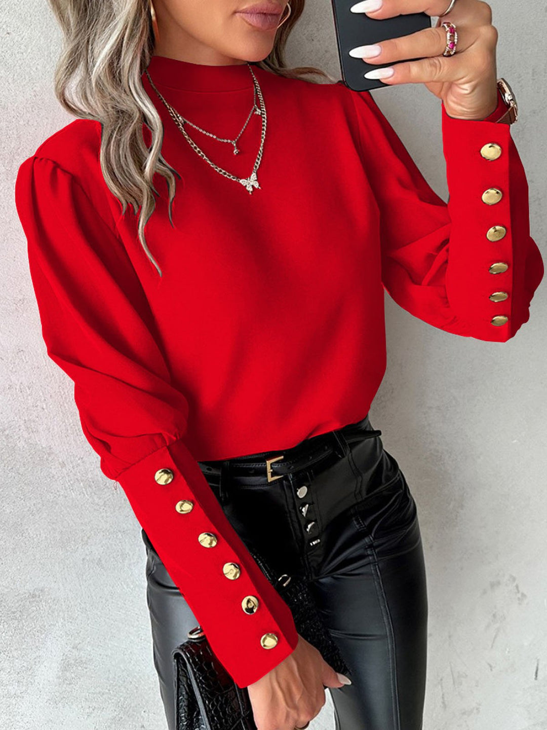Damen Elegante Bluse mit Puffärmeln und Knopfdetails EB
