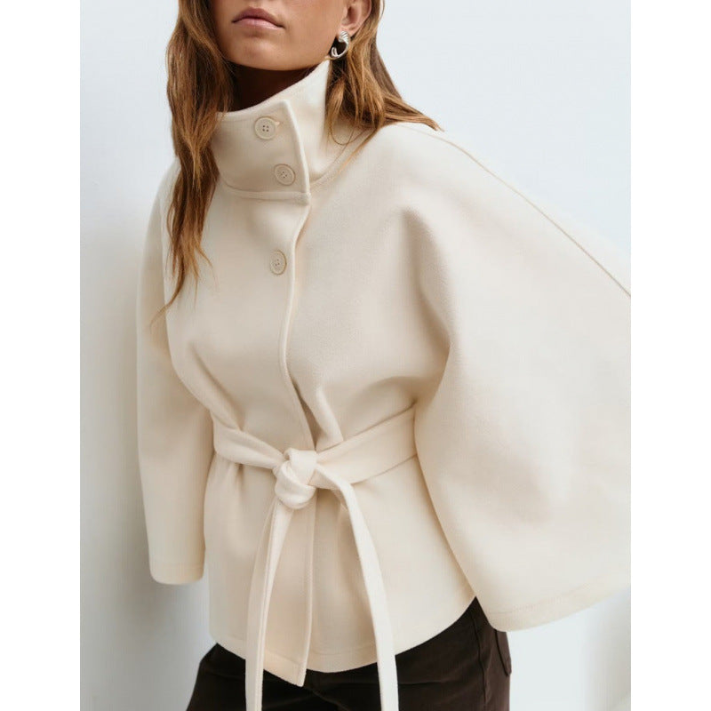 Damen Wollmantel im Cape‑Stil mit Stehkragen und Taillengürtel EB