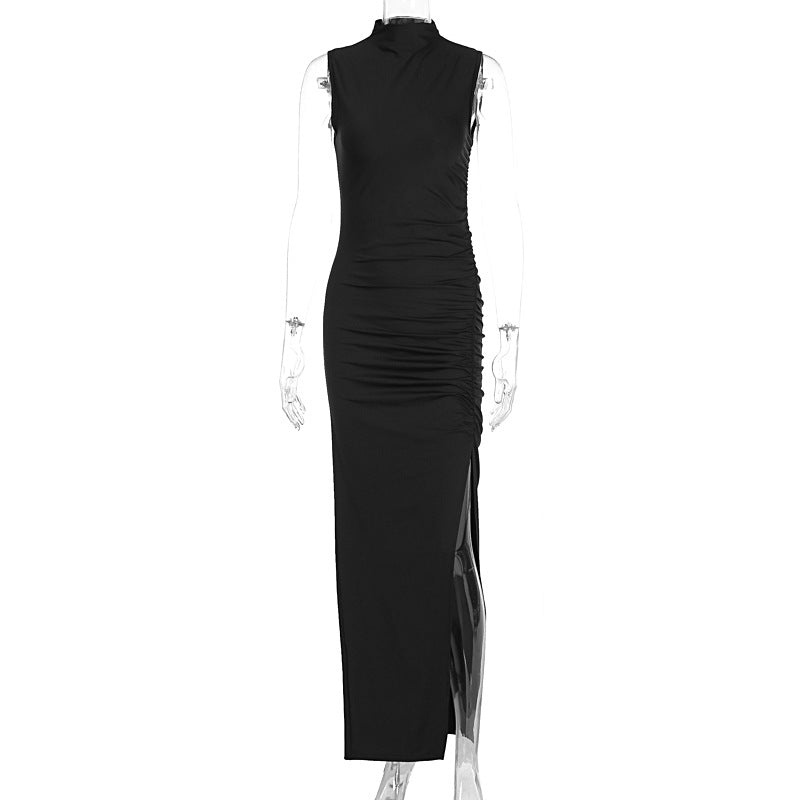 Damen Figurbetontes Maxikleid mit Stehkragen und geschmeidigem Rüschen-Design EB