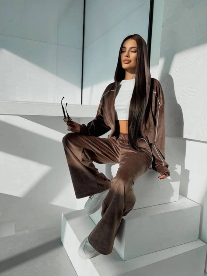 Damen Crop-Zip-Samtjacke und weite High-Waist Palazzo-Sweathose Set EB