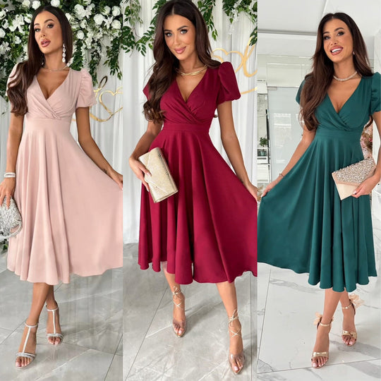 Damen A-Linie Kleid mit Puffärmeln und schmalem V-Ausschnitt EB