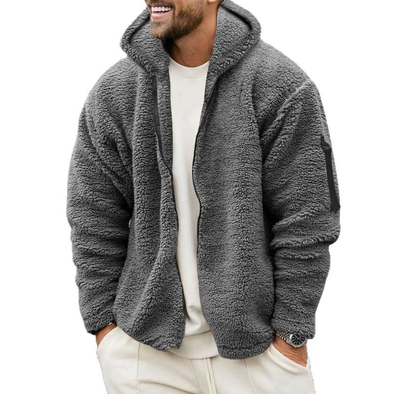 Herren nan Teddy-Fleece Zip-Jacke mit Kapuze, verdecktem Zwei-Wege-Reißverschluss und Ärmeltasche EB