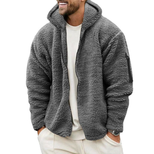 Herren nan Teddy-Fleece Zip-Jacke mit Kapuze, verdecktem Zwei-Wege-Reißverschluss und Ärmeltasche EB