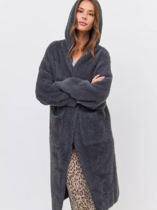 Damen Kapuzen-Strickmantel mit luxuriösem Flauschteil EB