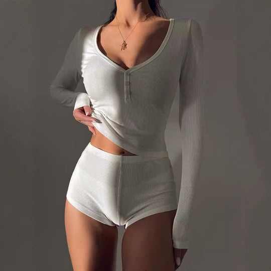 Damen Langärmliges Oberteil mit knopfbefestigtem V-Ausschnitt und bequemen Shorts EB