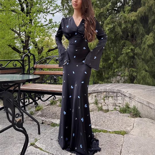 Damen Langärmeliges Maxikleid mit floralen Mustern und femininer Silhouette EB