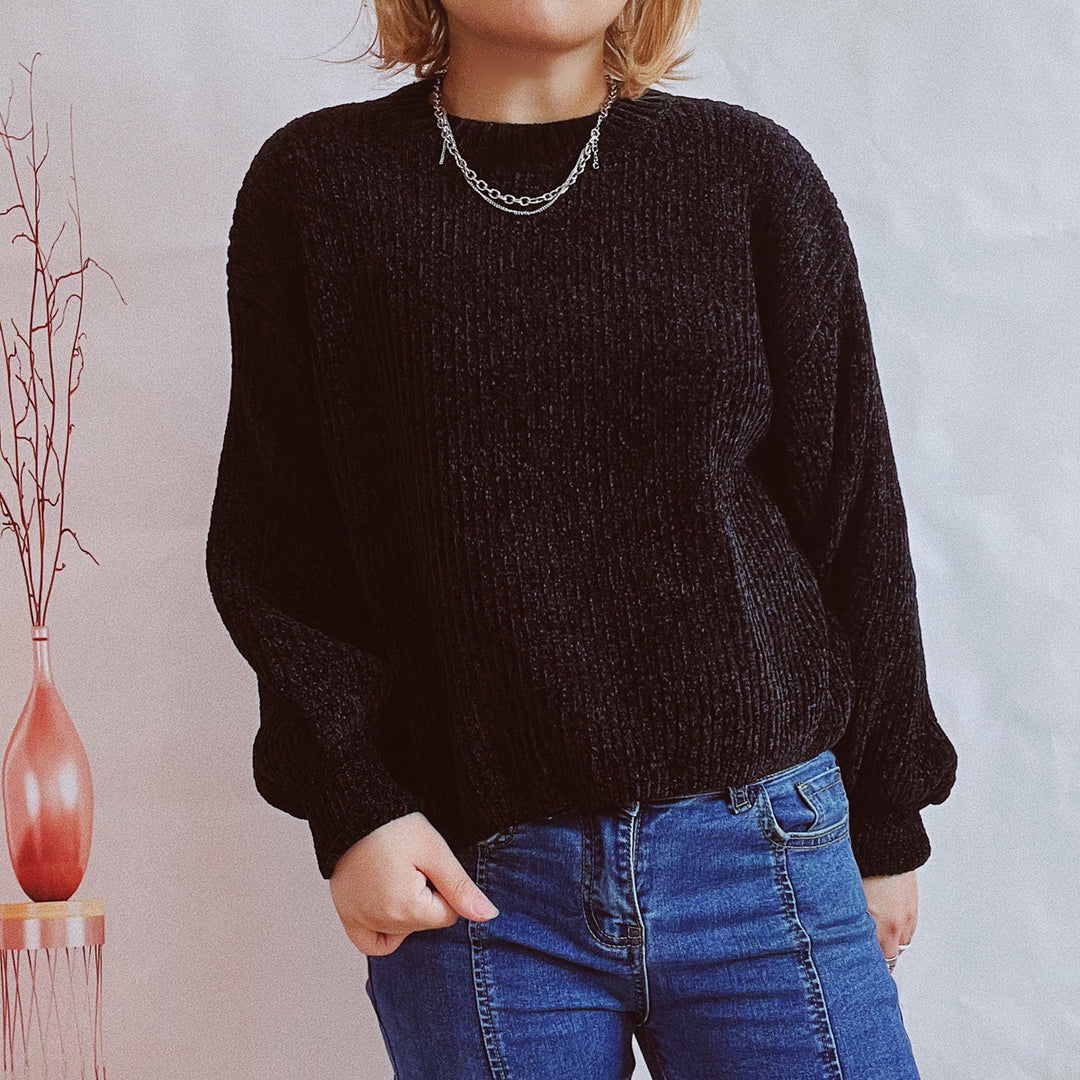 Damen Grobstrickpullover mit romantischem Rippenmuster und weiten Ärmeln EB