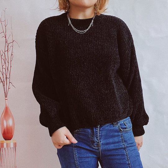 Damen Grobstrickpullover mit romantischem Rippenmuster und weiten Ärmeln EB