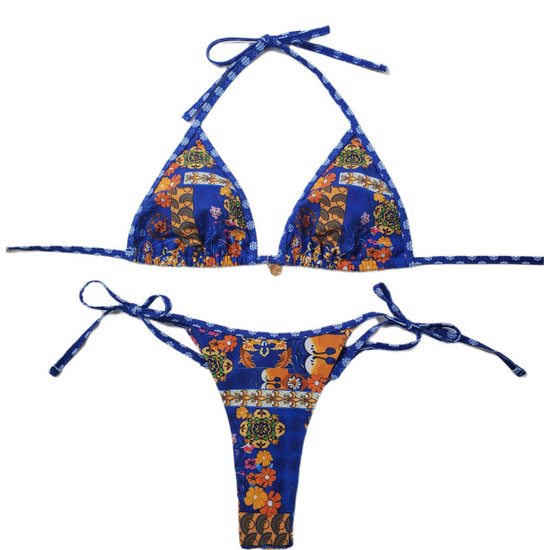 Damen Triangel-Bikini mit floralem Design und verstellbaren Bändern EB