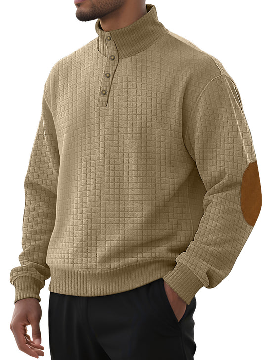 Herren nan kariertes Stepp-Sweatshirt mit Henley-Blende hohem Stehkragen und Velours-Ellenbogenpatch EB