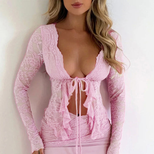 Damen Elegantes Spitzenoberteil mit Rüschendetails und tiefem Ausschnitt EB