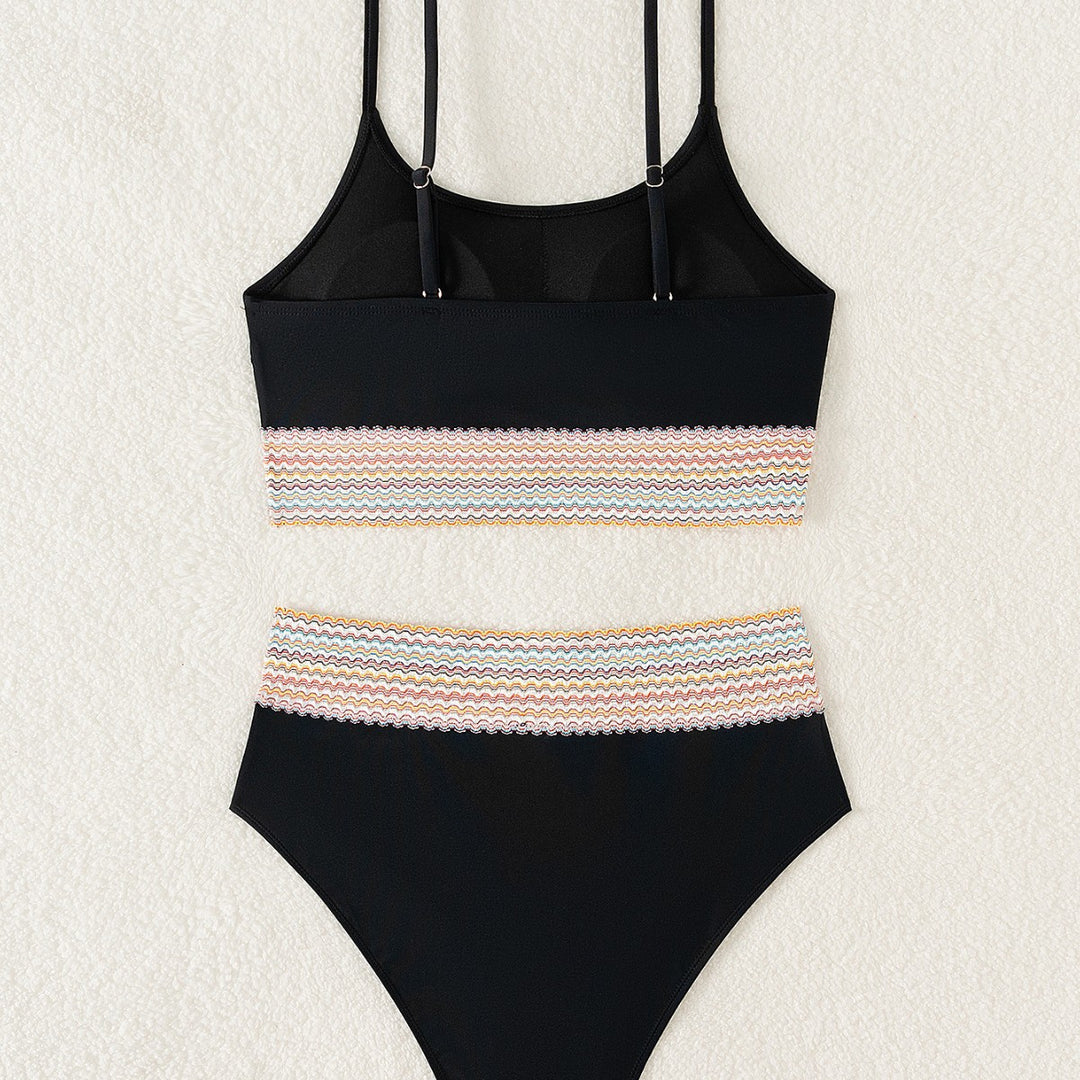 Damen Sportliches Bikini-Set mit hohem Bund und buntem Wellenmuster EB