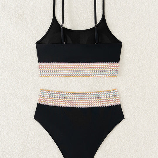 Damen Sportliches Bikini-Set mit hohem Bund und buntem Wellenmuster EB