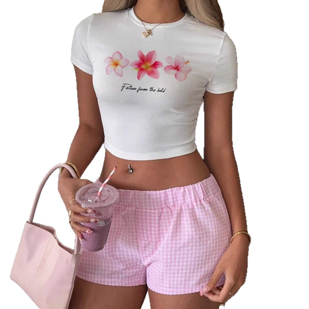 Damen Crop-Top mit floralem Druck und motivierendem Schriftzug EB