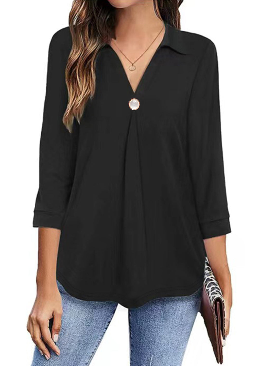 Damen Langarm Bluse mit elegantem V-Ausschnitt und dekorativen Falten EB