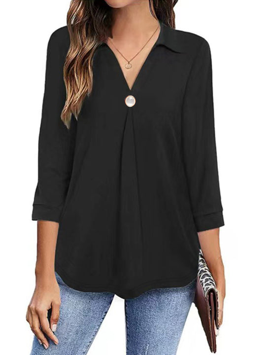 Damen Langarm Bluse mit elegantem V-Ausschnitt und dekorativen Falten EB