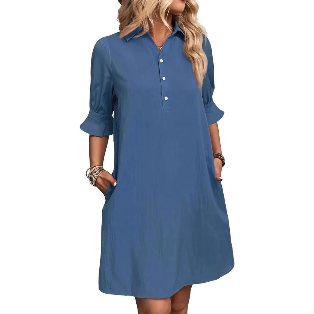 Damen lässiges Hemdkleid mit kurzen Ärmeln und praktischen Taschen EB
