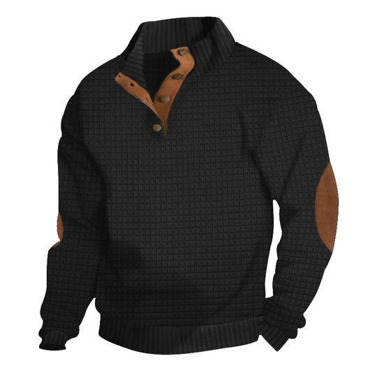 Herren Strukturiertes Waffelstrick-Henleypullover mit Lederbesatz & Ellbogenpatches EB
