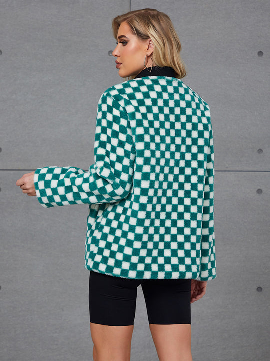 Damen Modische Kunstpelzjacke mit Karomuster und hohem Kragen EB