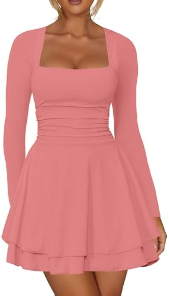 Damen Figurbetontes Jersey-Minikleid mit quadratischem Ausschnitt, taillierter Passform und Stufenrock EB