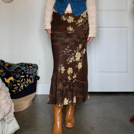 Damen Maxi-Rock mit floralem Design und transparenter Chiffon-Überlage EB