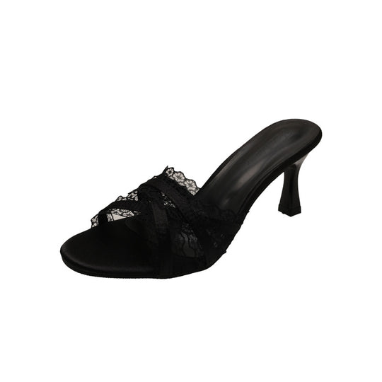 Damen elegante Mules mit zarten Spitzen-Akzenten und komfortablem Absatz EB