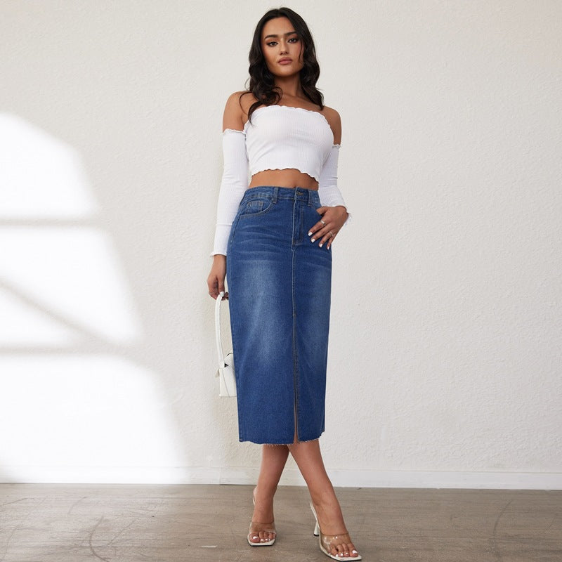 Damen Jeansrock mit hoher Taille und seitlichem Schlitz EB