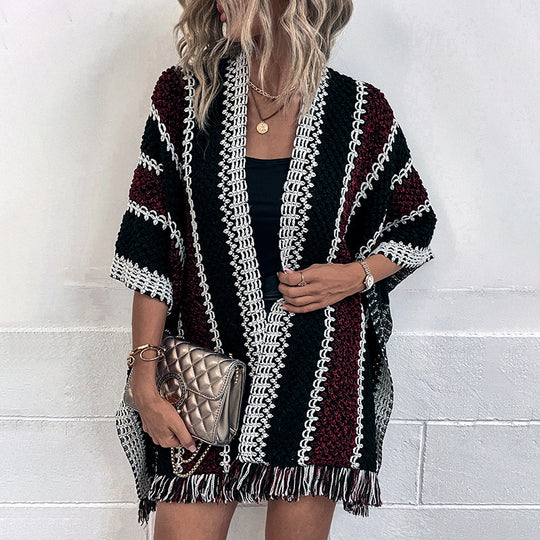 Damen Strickponcho mit V-Ausschnitt und Fransen EB