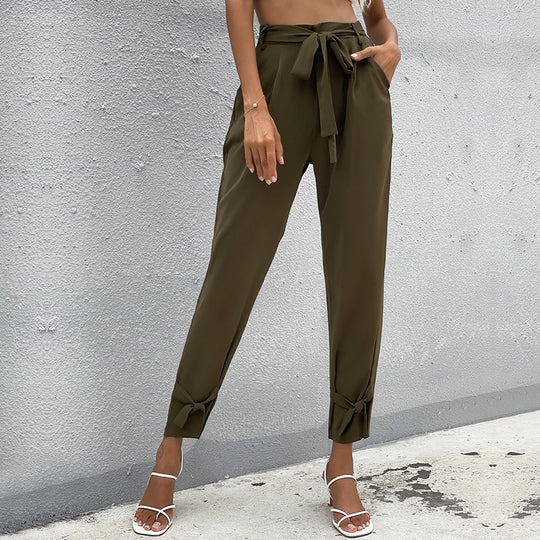 Damen lockere Culotte-Hose mit eleganten Schleifen-Details und Bindegürtel EB