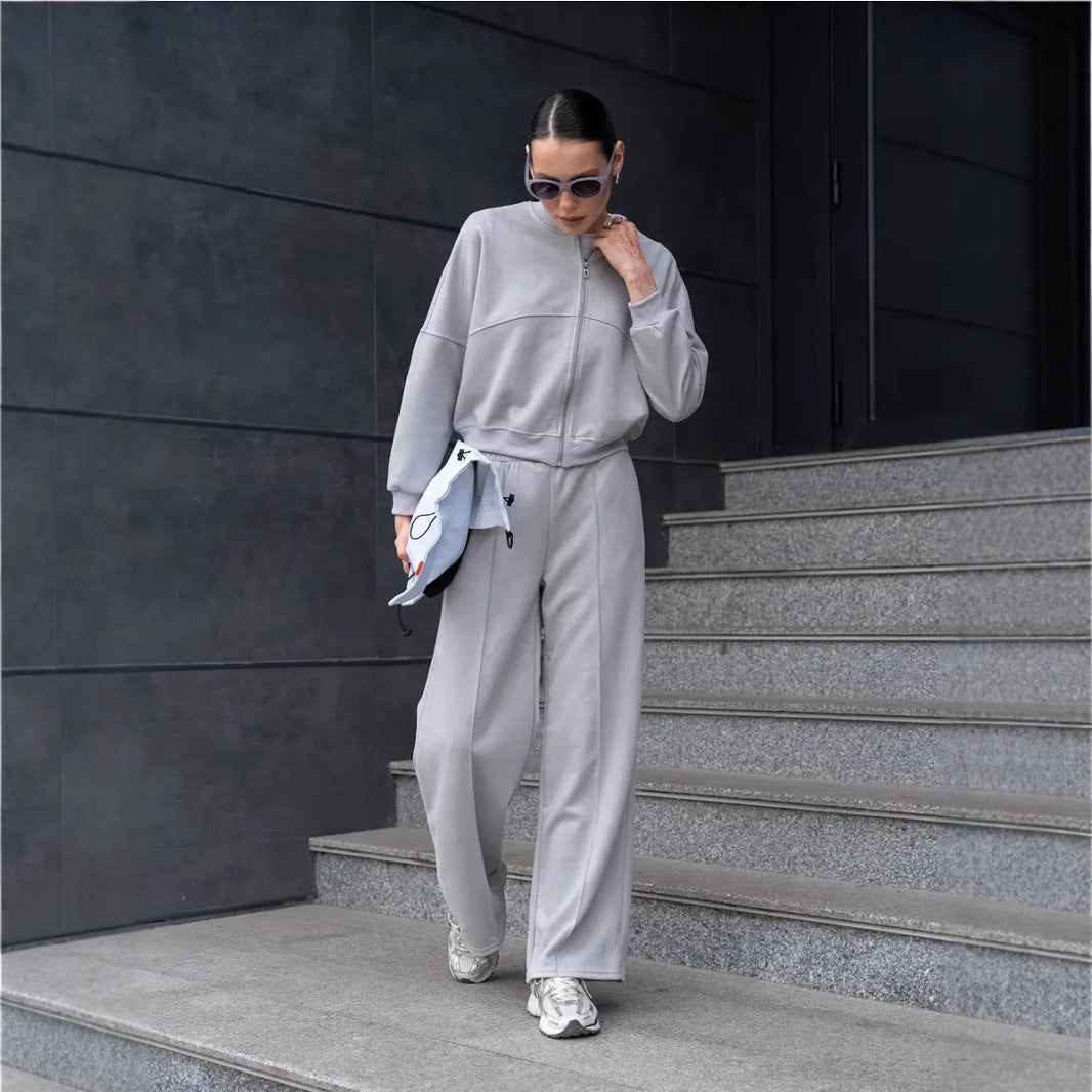 Damen nan zweiteiliges Velours-Loungewear-Set mit kurzem Zip-Hoodie und weiter Highwaist-Hose EB
