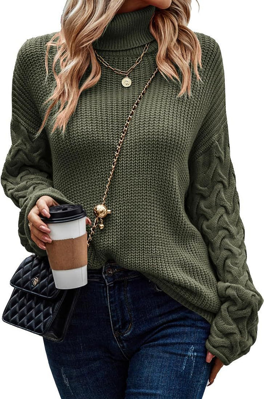 Damen Grobstrickpullover mit modernem Zopfdesign und hohem Kragen EB