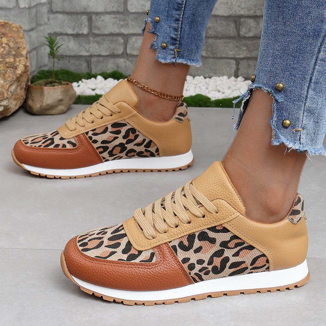 Damen sportliche Leoparden-Print Retro-Sneaker mit gepolstertem Komfortfußbett und profilierter Gummisohle EB