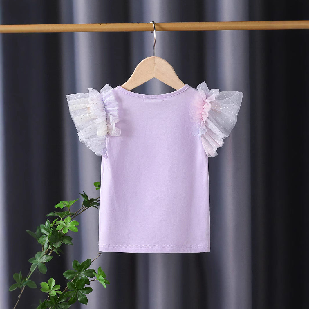 Mädchen T-Shirt mit funkelndem Schmetterlingsmotiv und Rüschendetails EB