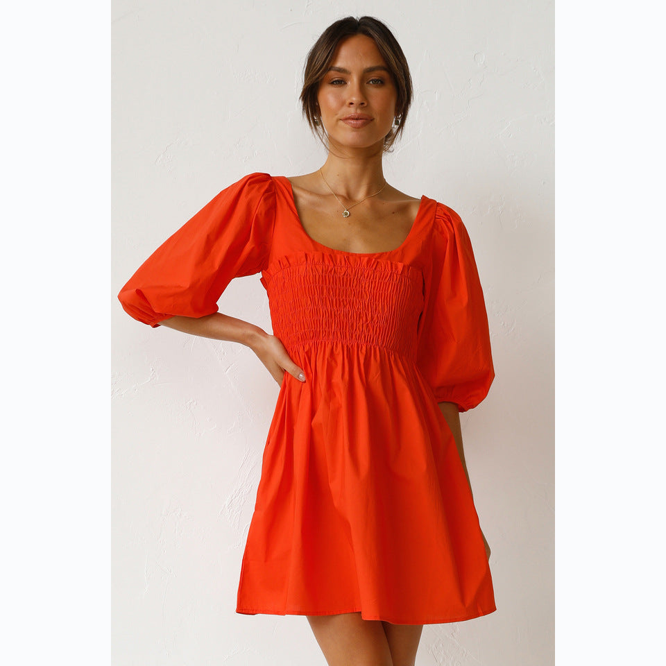 Damen Baumwollkleid mit schmaler Taille und Puffärmeln EB