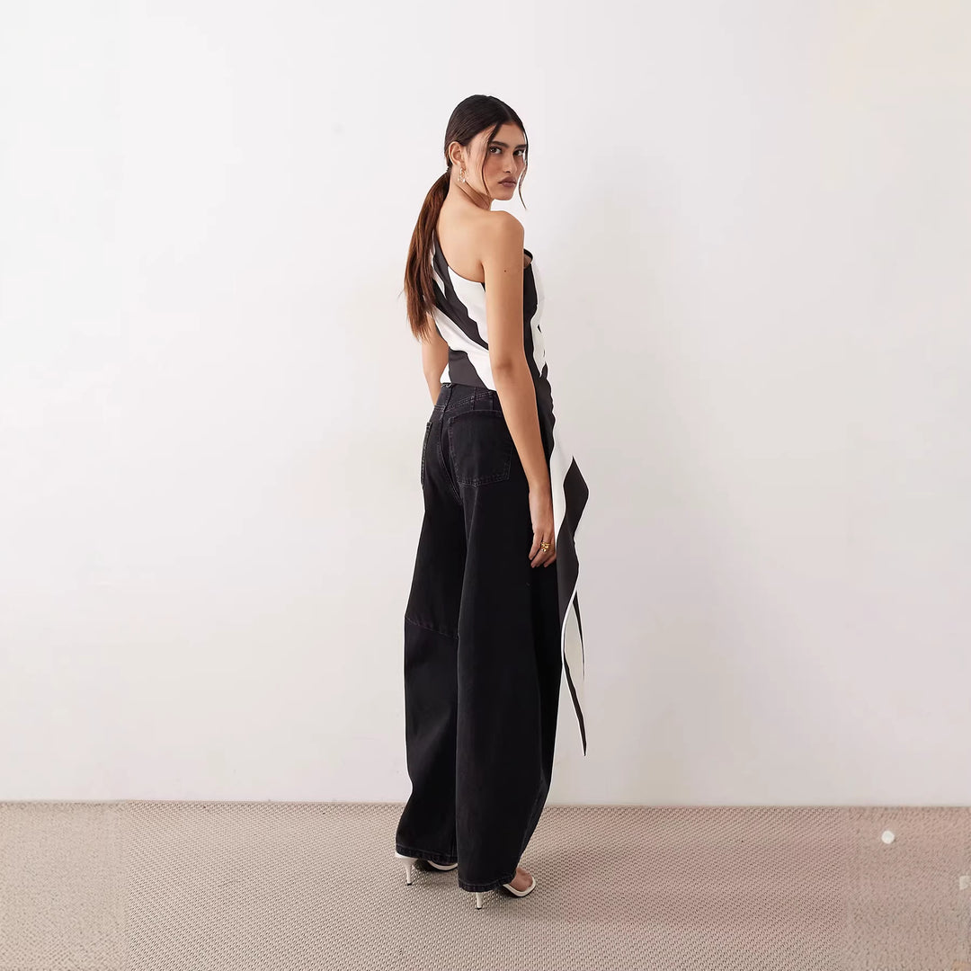 Damen asymmetrisches Wickeloberteil mit Streifenmuster EB