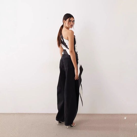 Damen asymmetrisches Wickeloberteil mit Streifenmuster EB