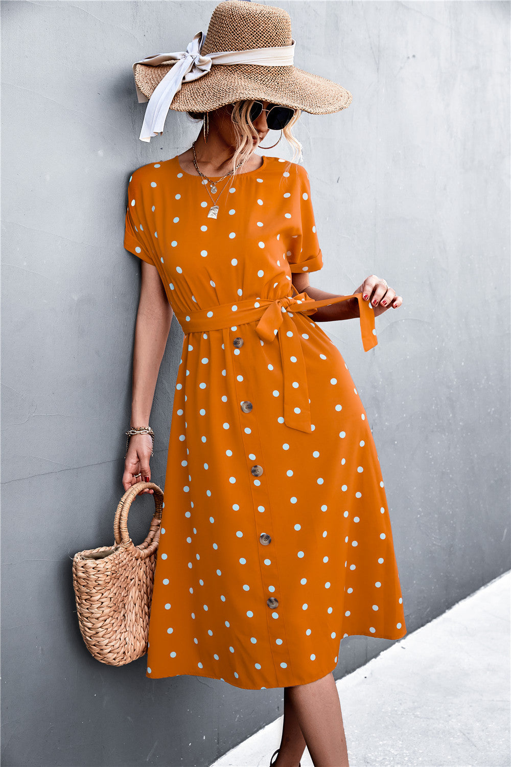 Damen Kleid mit Knopfleiste und modernen Punkte-Design EB