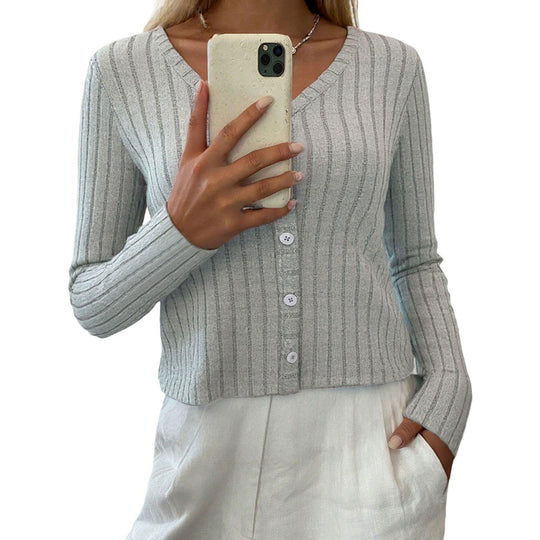 Damen gerippter taillierter V‑Ausschnitt Knopfcardigan Feinstrick Eichborn Berlin