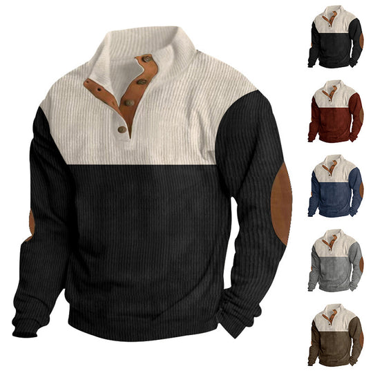 Herren nan gerippter Henley-Strickpullover mit Stehkragen Kontrastpasse und Ellbogenpatches EB