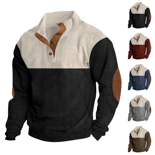 Herren nan gerippter Henley-Strickpullover mit Stehkragen Kontrastpasse und Ellbogenpatches EB
