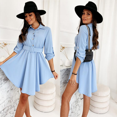Damen Hemdblusenkleid mit taillierter Gürtel und asymmetrischem Saum EB