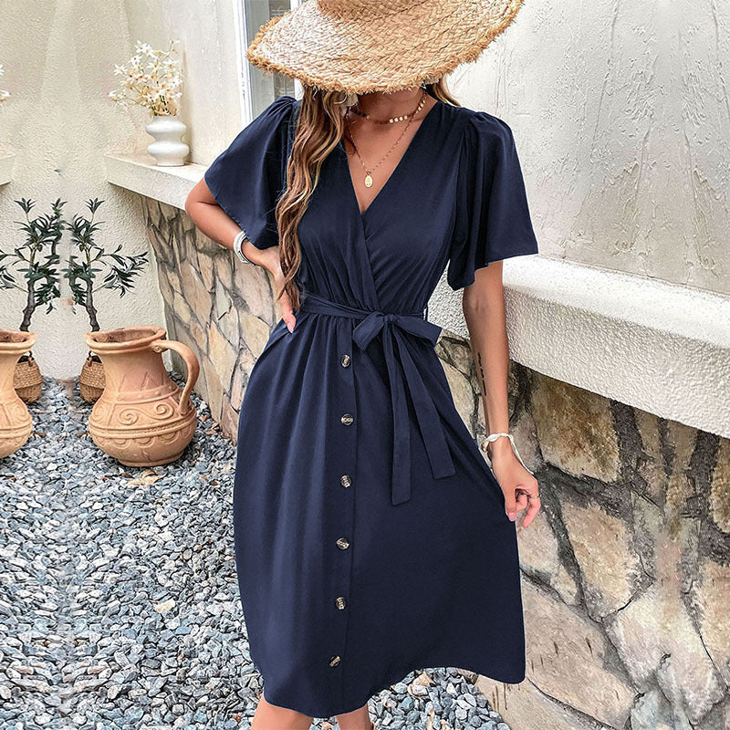 Damen Midi-Kleid mit eleganter Wickeloptik und praktischen Knopfdetails EB