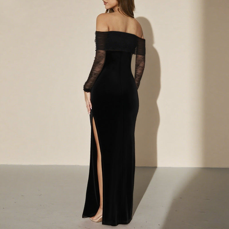 Damen schulterfreies Abendkleid mit Spitzenärmeln und langer Silhouette EB