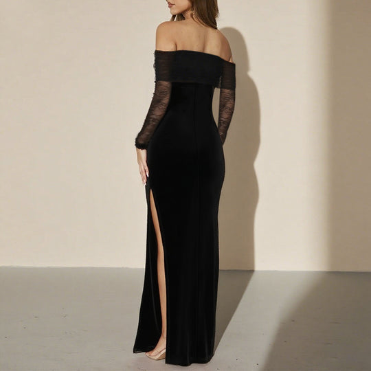 Damen schulterfreies Abendkleid mit Spitzenärmeln und langer Silhouette EB