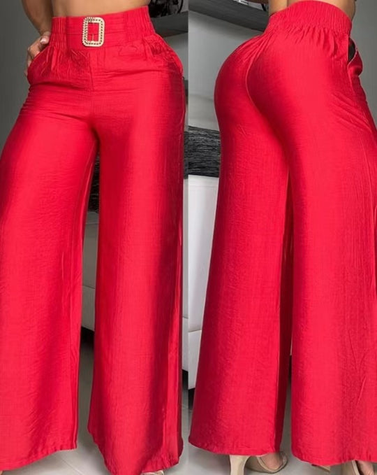 Damen Weite Palazzo-Hose mit hochtailliertem Bund und dekorativem Gürtel EB